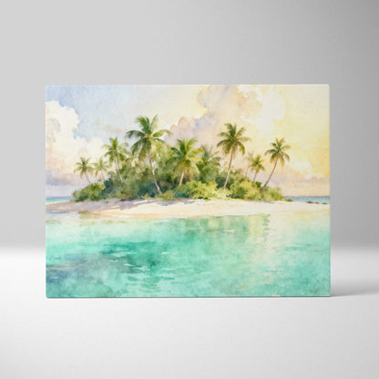Watercolor tropical island canvas wall art with palm trees and turquoise sea