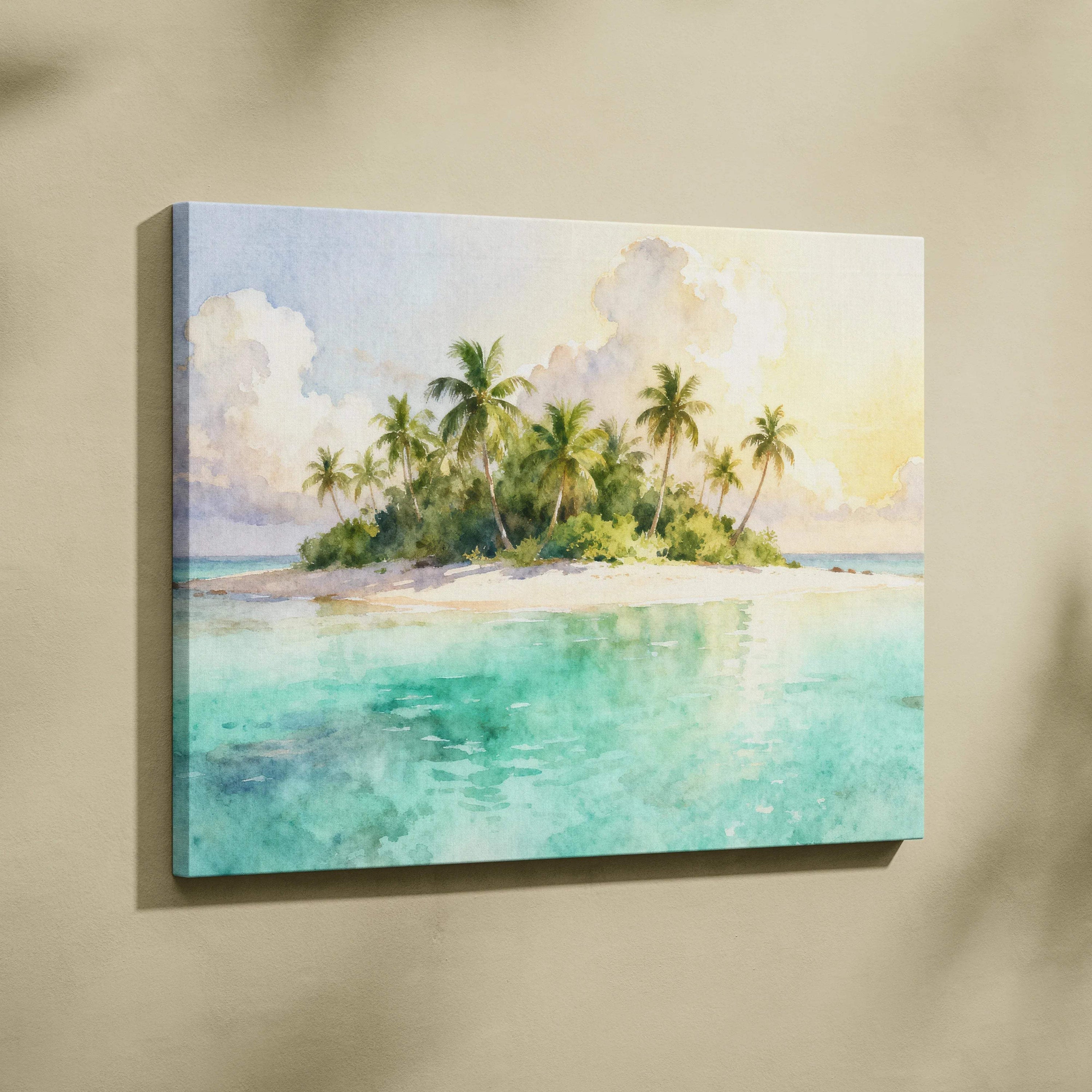 Watercolor tropical island canvas art with palm trees and turquoise sea