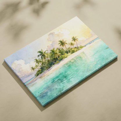 Watercolor tropical island canvas wall art with palm trees and turquoise sea