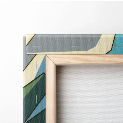 Minimalist wooden frame with teal sage green Viking longship fjord canvas art
