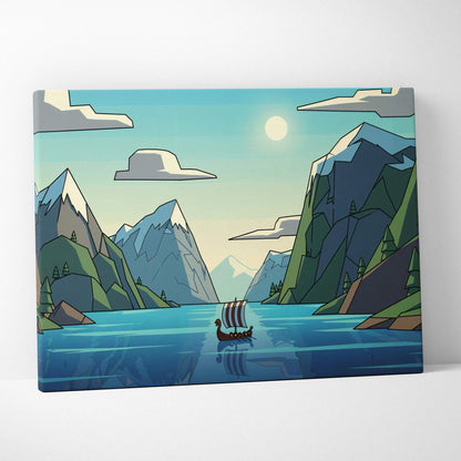 Flat style Viking longship in calm fjord canvas wall art, cool blues greens