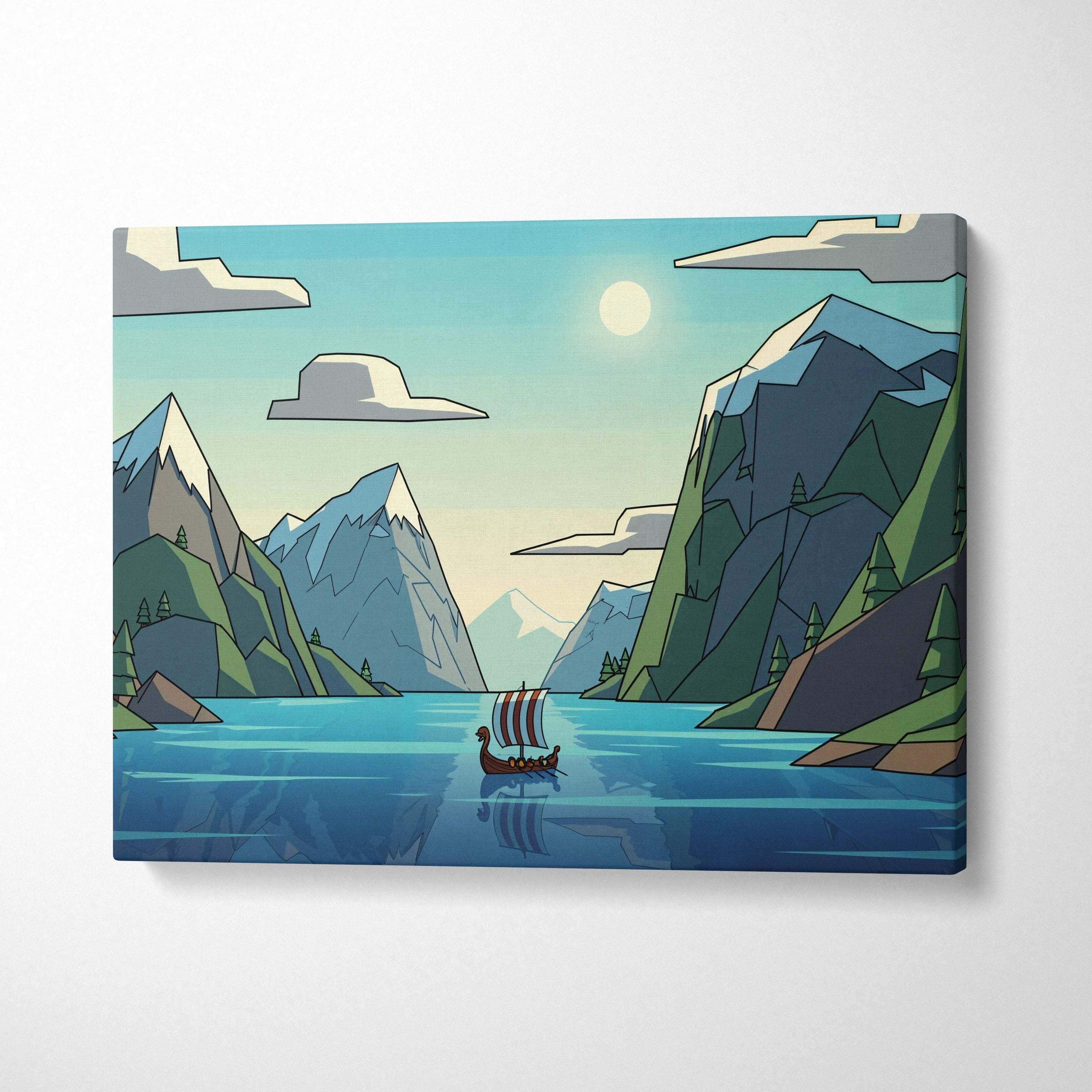 Flat style Viking longship in calm fjord canvas art, cool blues greens