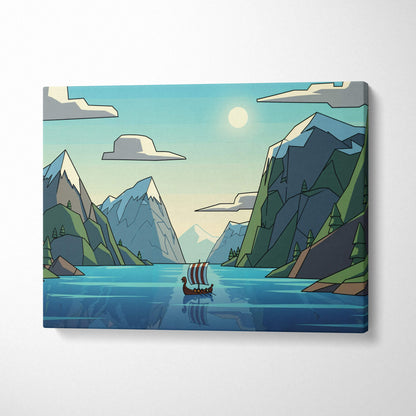 Flat style Viking longship in calm fjord canvas art, cool blues greens