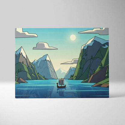 Flat style Viking longship in calm fjord canvas wall art in cool blues