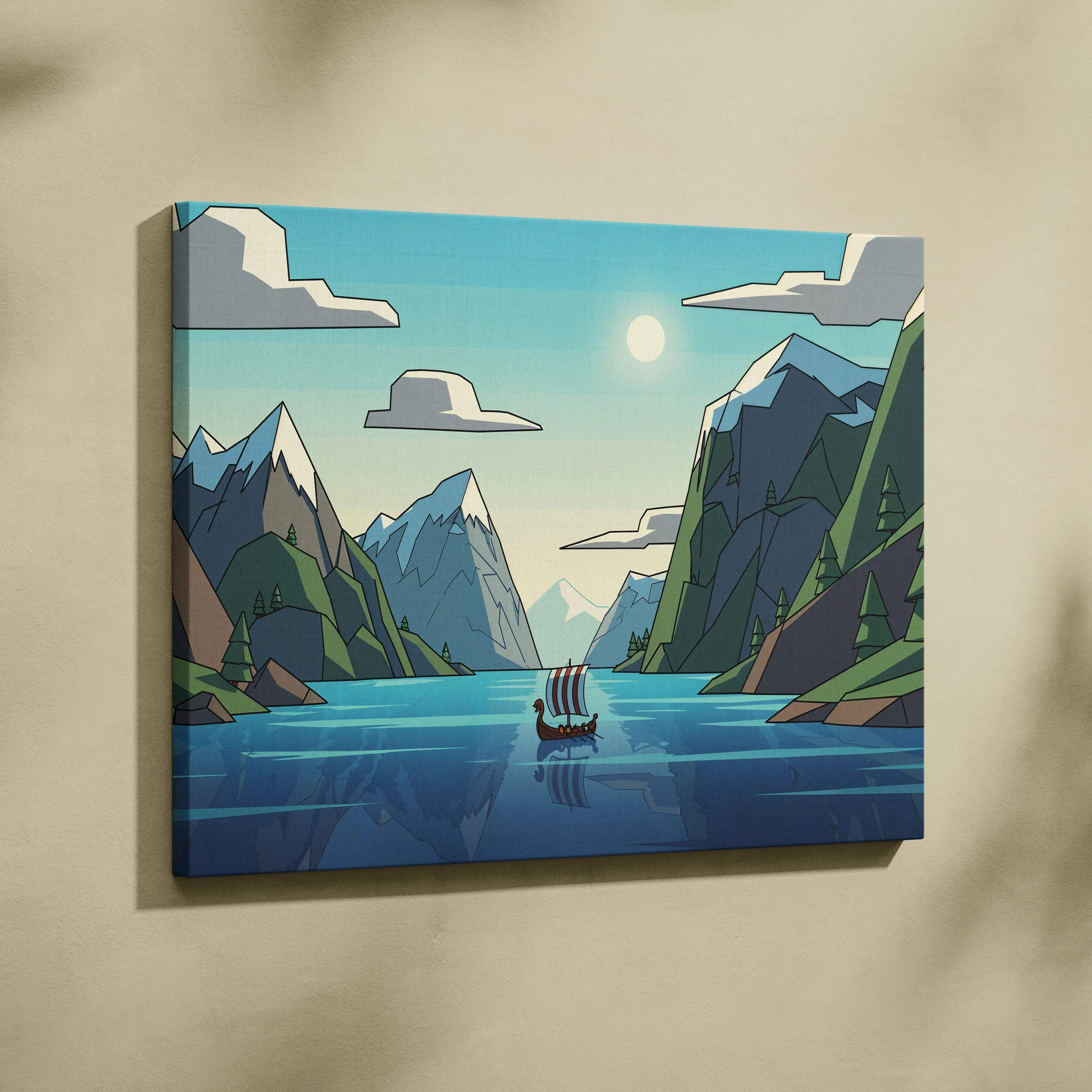 Flat style Viking longship in calm fjord canvas wall art, cool blues greens