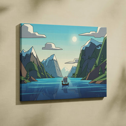Flat style Viking longship in calm fjord canvas wall art, cool blues greens
