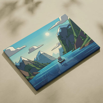 Flat style Viking longship in calm fjord canvas print with cool blues