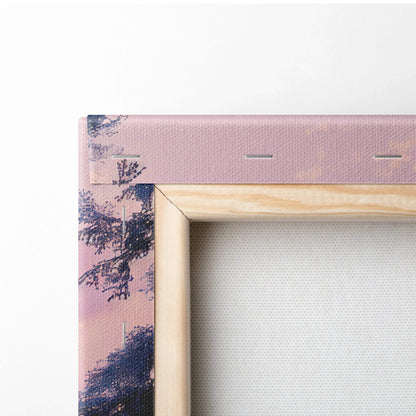 Minimalist wooden frame with cinematic winter landscape canvas in soft pinks