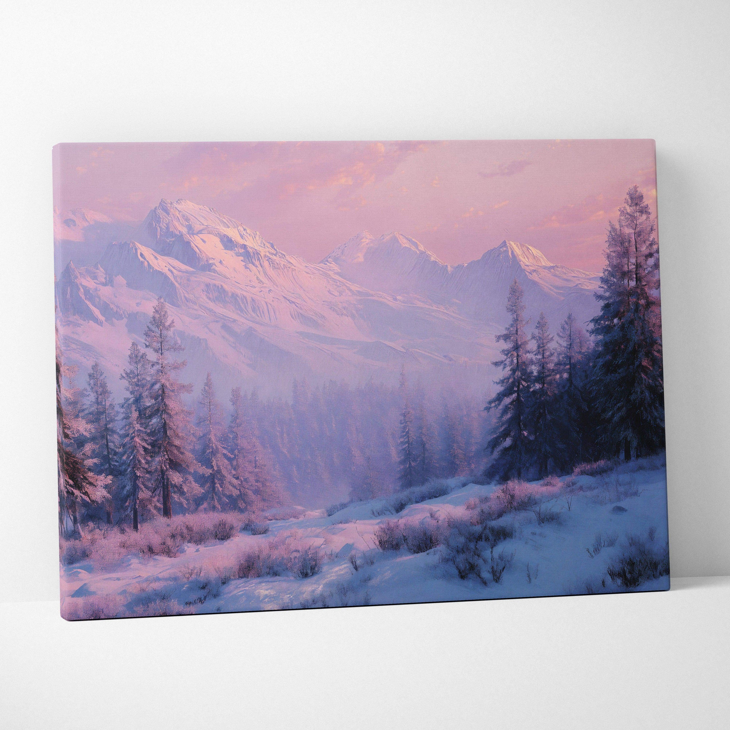Cinematic snowy alpine forest canvas art in soft pinks, lavender, purples, icy blues