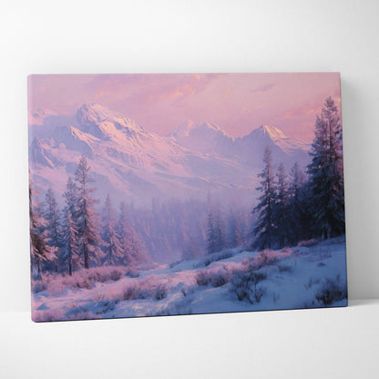 Cinematic snowy alpine forest canvas art in soft pinks, lavender, purples, icy blues