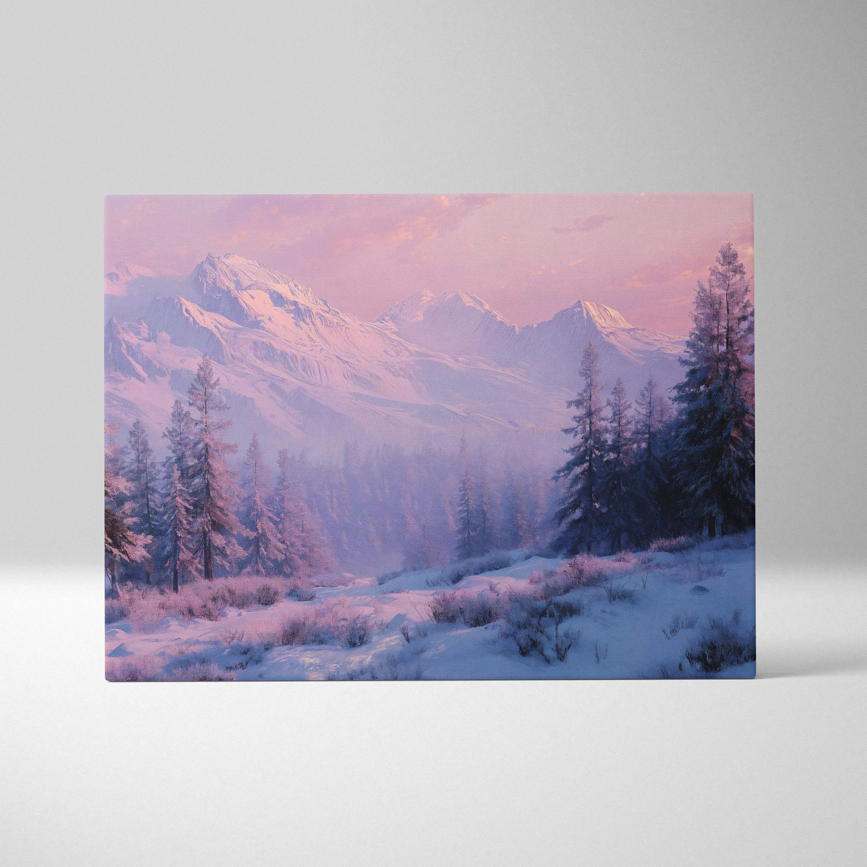 Snowy alpine forest canvas wall art at dawn in soft pinks and lavender