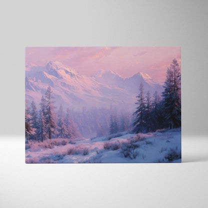 Snowy alpine forest canvas wall art at dawn in soft pinks and lavender