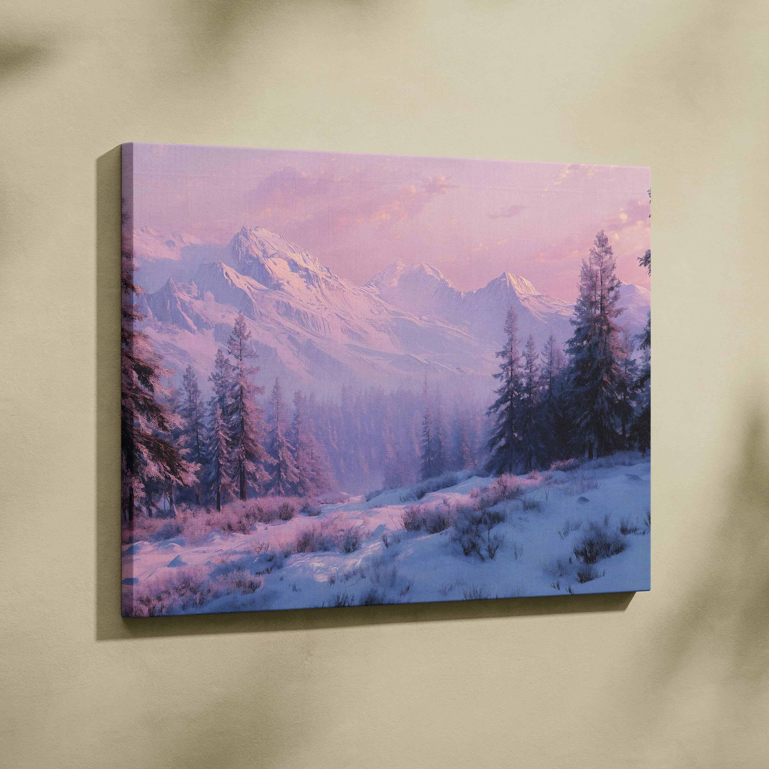 Cinematic winter landscape canvas wall art with snowy alpine forest at dawn