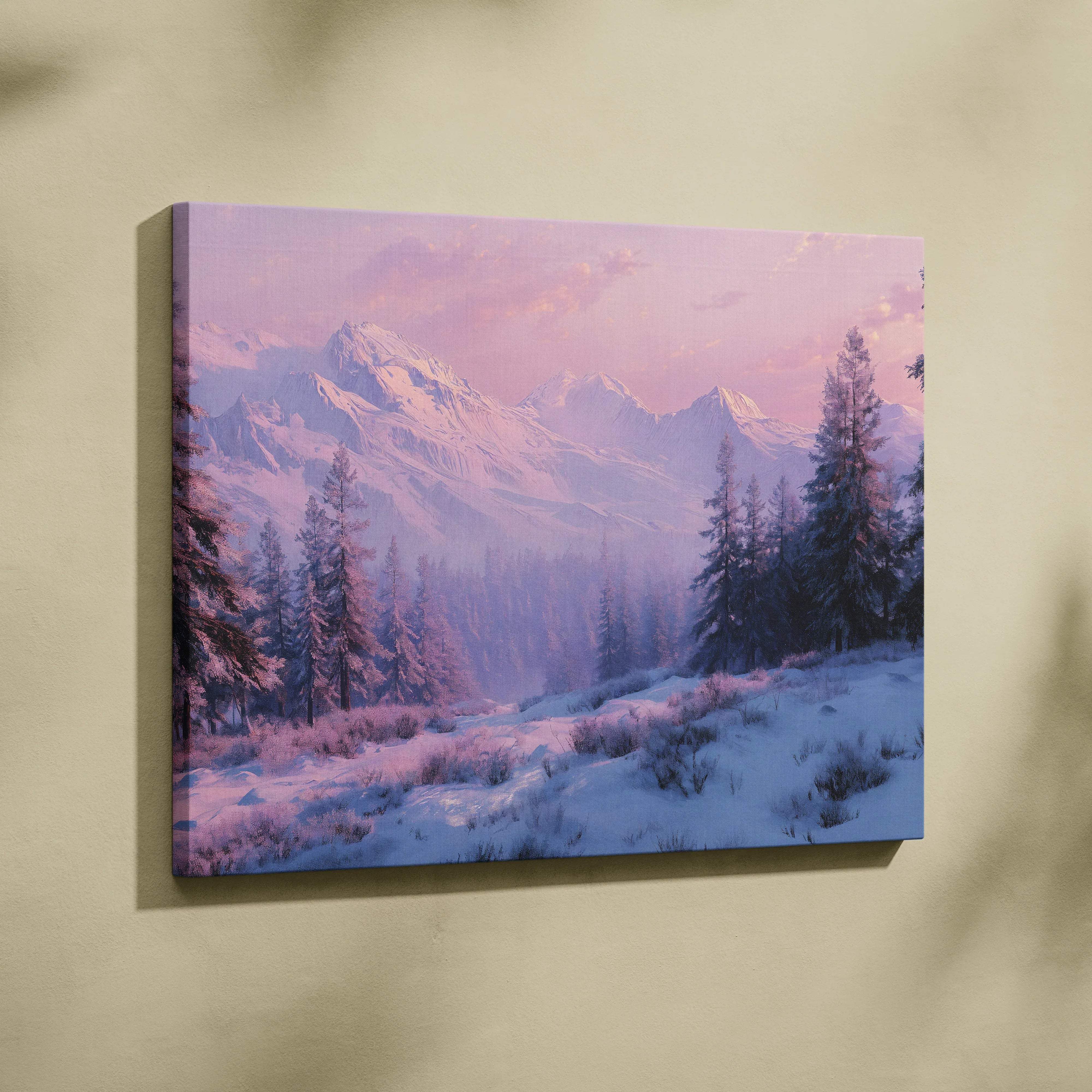 Cinematic winter landscape canvas wall art with snowy alpine forest at dawn