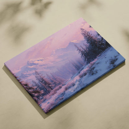 Cinematic winter landscape canvas art: snowy alpine forest at dawn in soft pinks, lavender purples, icy blues