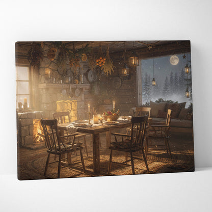 Cozy rustic cabin dining room canvas art with stone fireplace, wood table, lanterns, amber glow, snow forest view