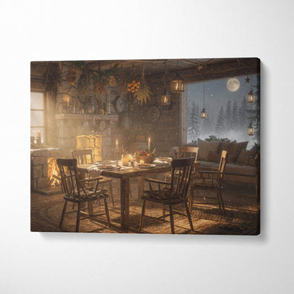 Cozy winter cabin dining room canvas art with candlelight, wood, snowy view