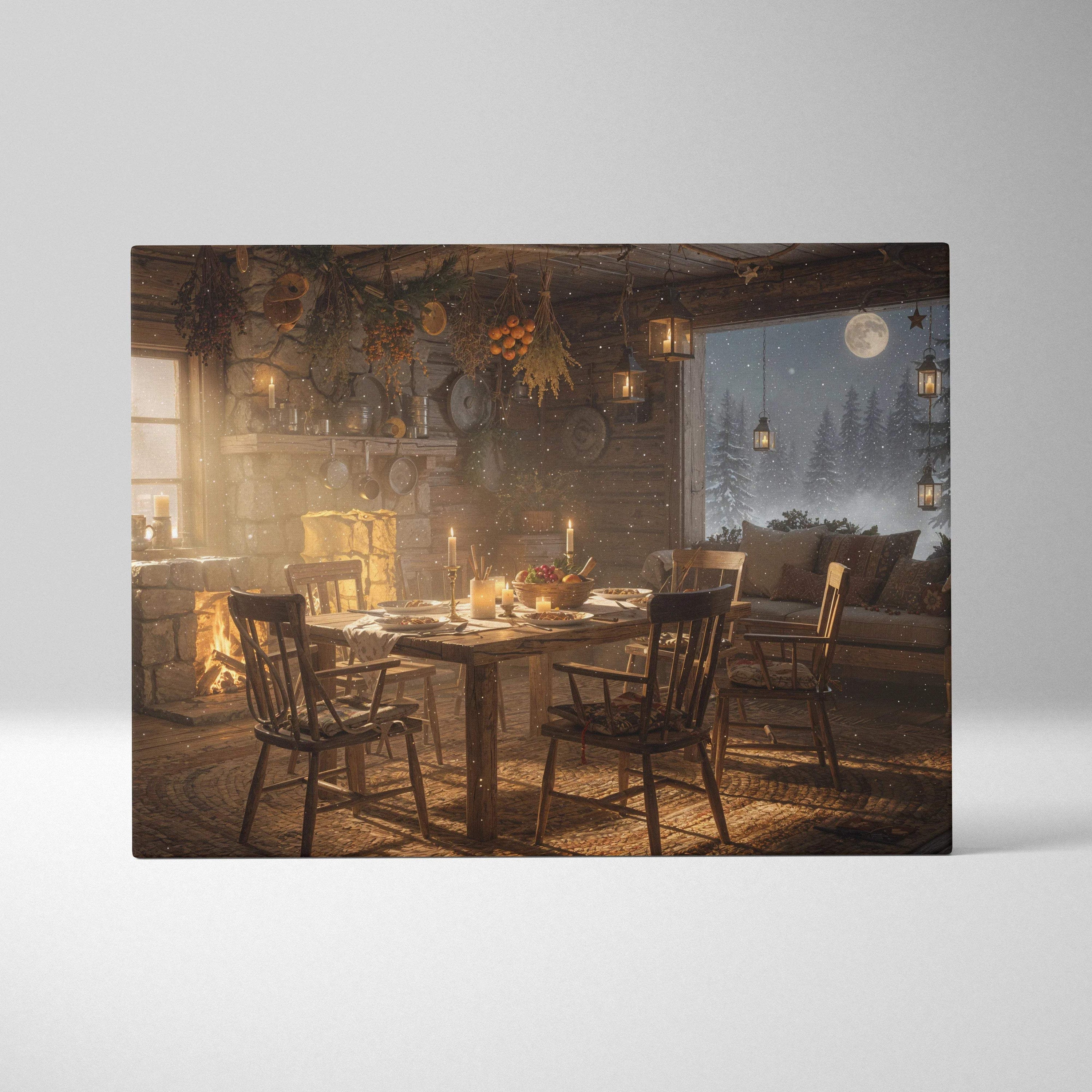 Cozy rustic winter cabin dining room canvas art with candles, fruit, fireplace, snowy view