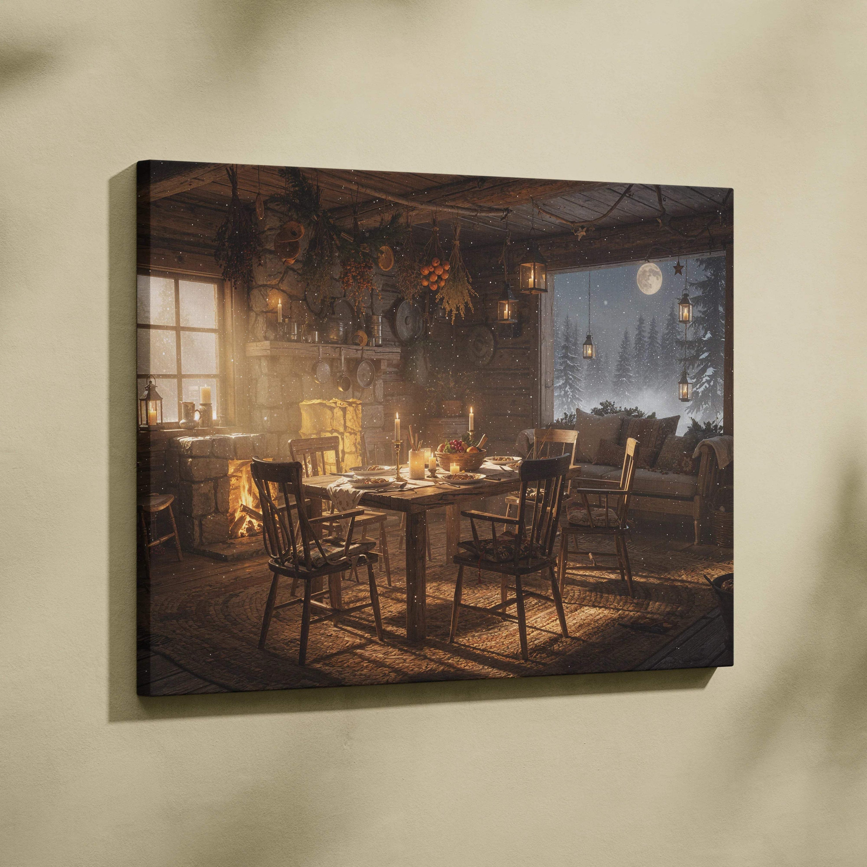 Cinematic rustic cozy winter cabin dining room canvas wall art with amber glow