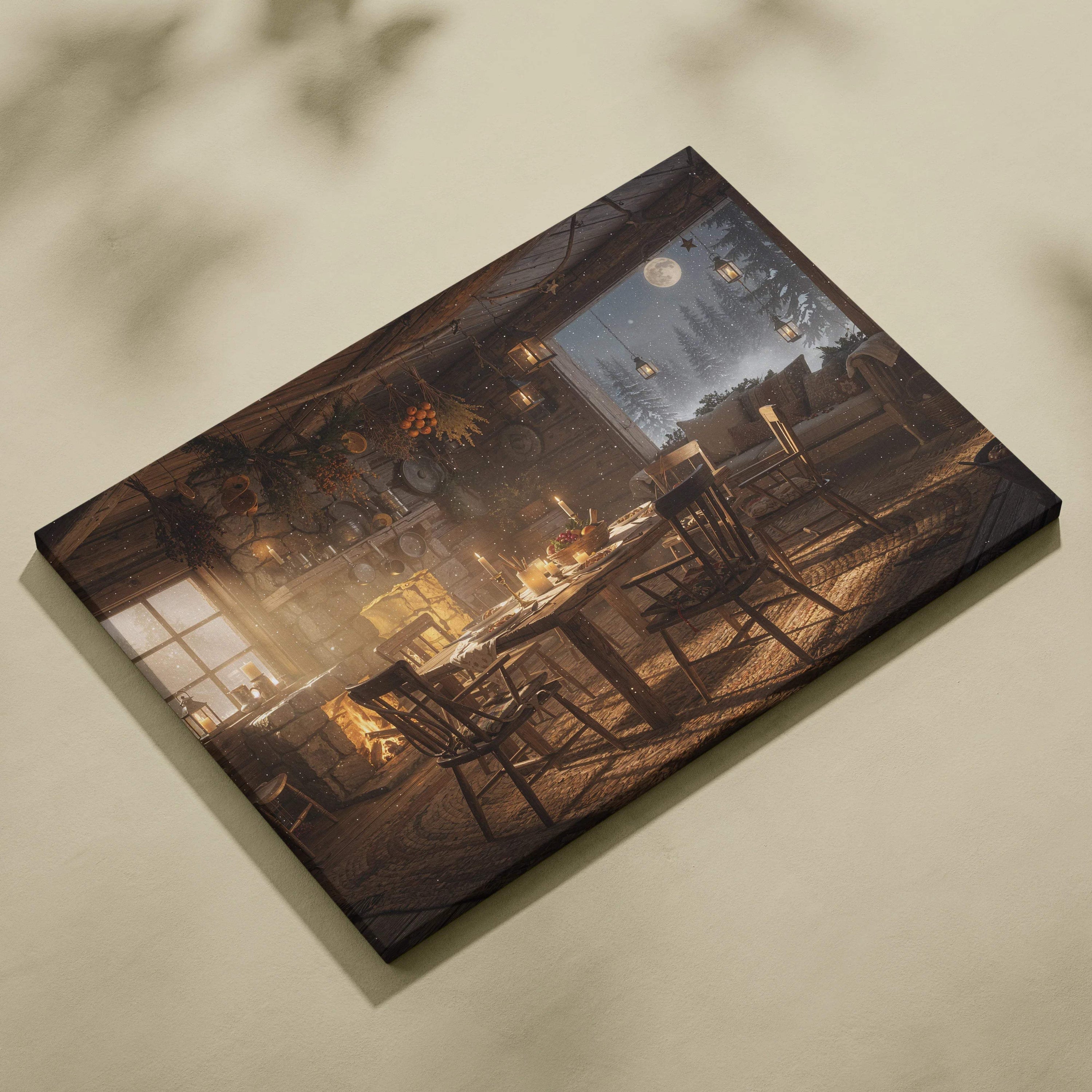 Cinematic rustic cozy winter cabin dining room canvas art with amber glow