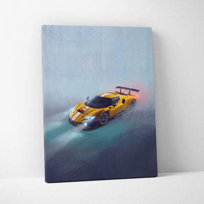 Ferrari 296 gt3 inspired car wall art canvas painting print featuring a vibrant yellow race car with white stripes and black spoiler