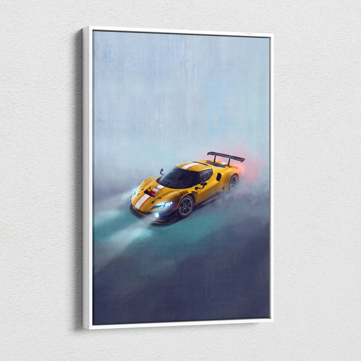 Ferrari 296 gt3 inspired car wall art canvas painting print featuring vibrant yellow race car with white stripes in motion