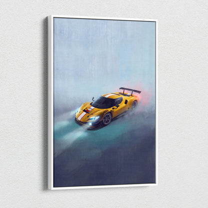 Ferrari 296 gt3 inspired car wall art canvas painting print featuring vibrant yellow race car with white stripes in motion
