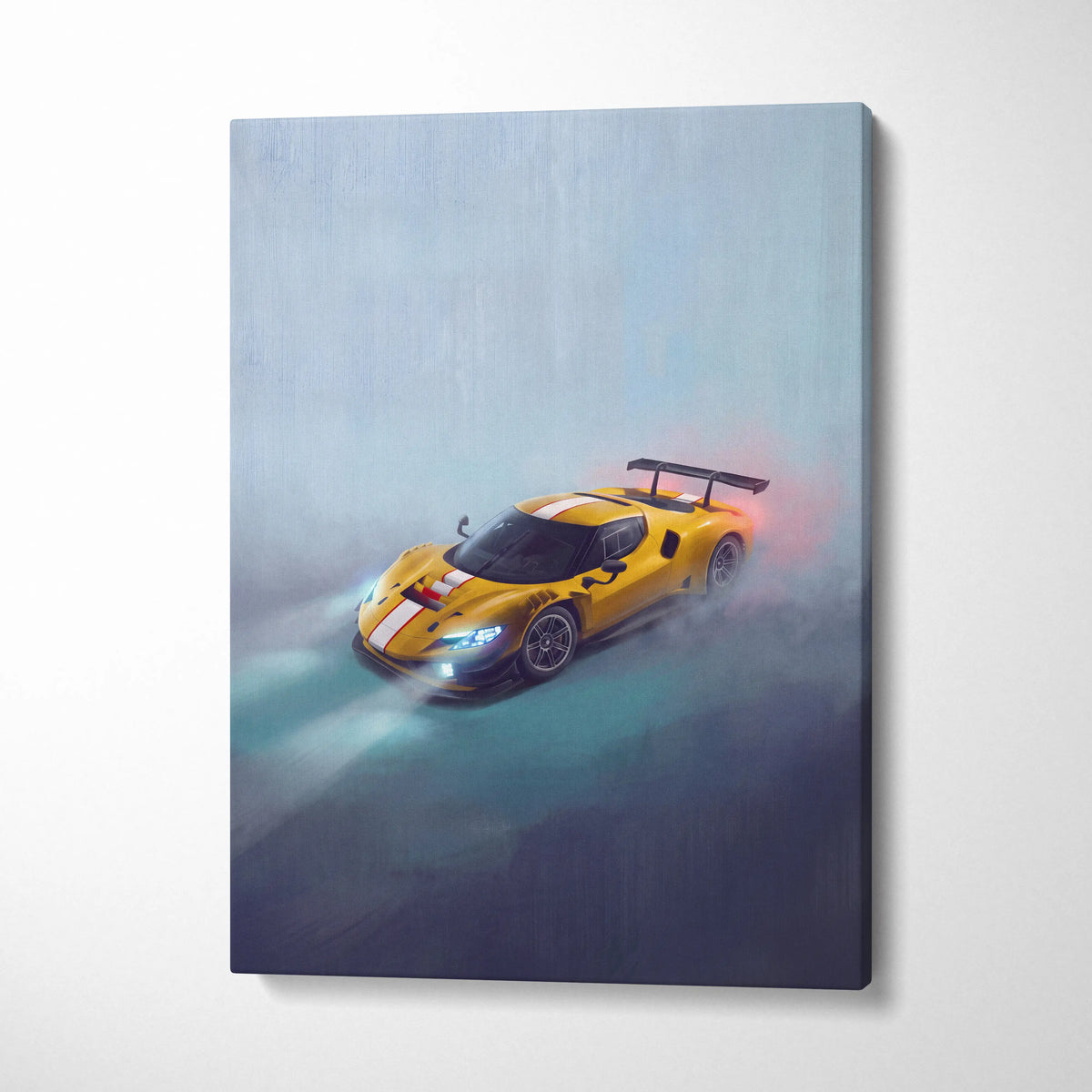 Ferrari 296 gt3 inspired car wall art featuring a vibrant yellow race car with white stripes on canvas print