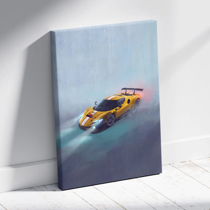 Yellow Ferrari 296 GT3 inspired race car wall art with white stripes and black spoiler on canvas print track edition