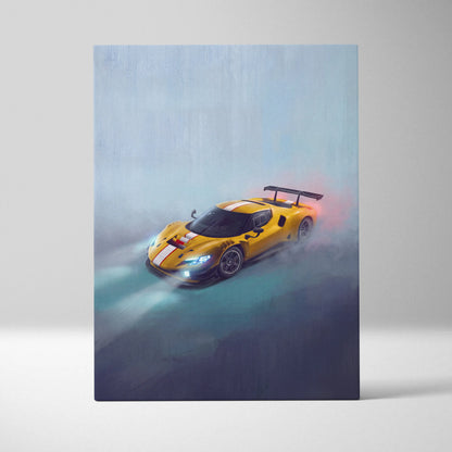 Ferrari 296 GT3 inspired yellow race car wall art with white stripes and black spoiler on canvas track edition print