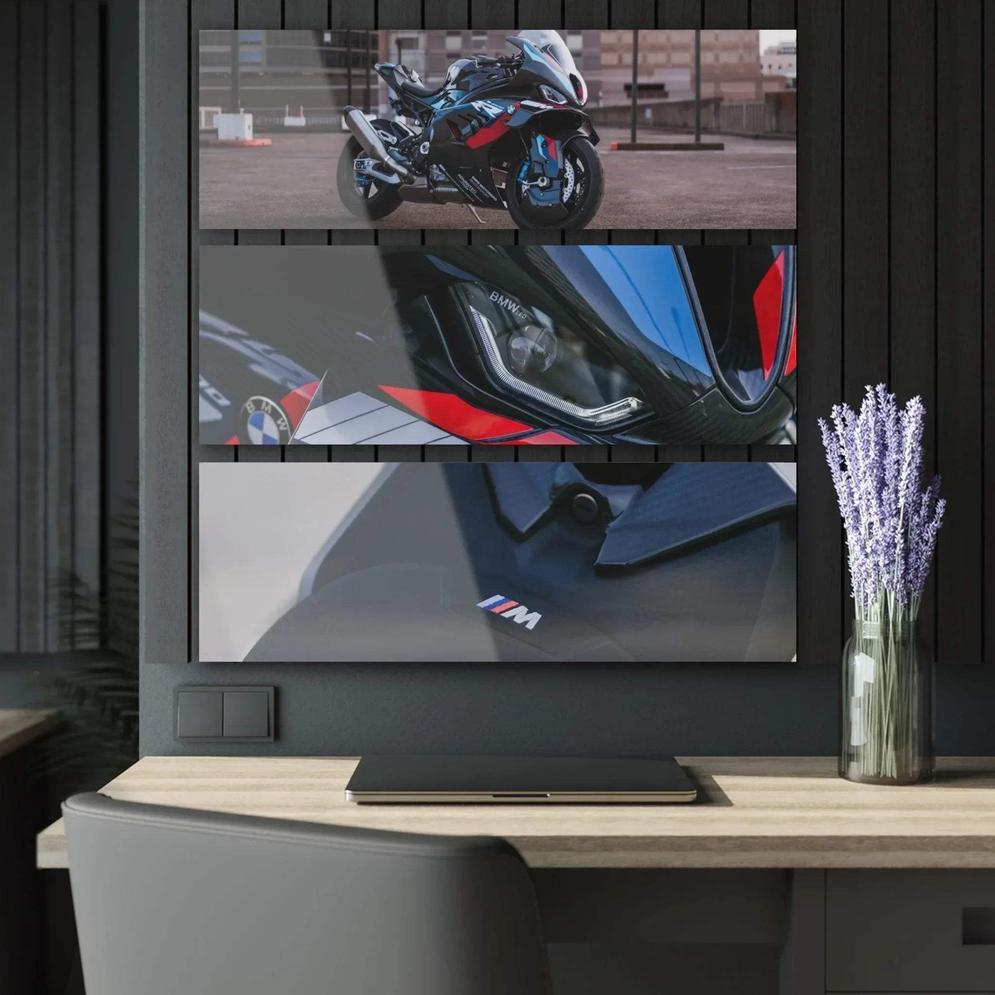 Three-piece canvas wall art set featuring close-up and full BMW M1000RR motorcycle details in sleek black, red, and blue.