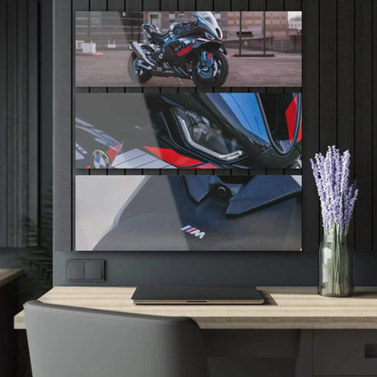Three-piece canvas wall art set featuring close-up and full BMW M1000RR motorcycle details in sleek black, red, and blue.