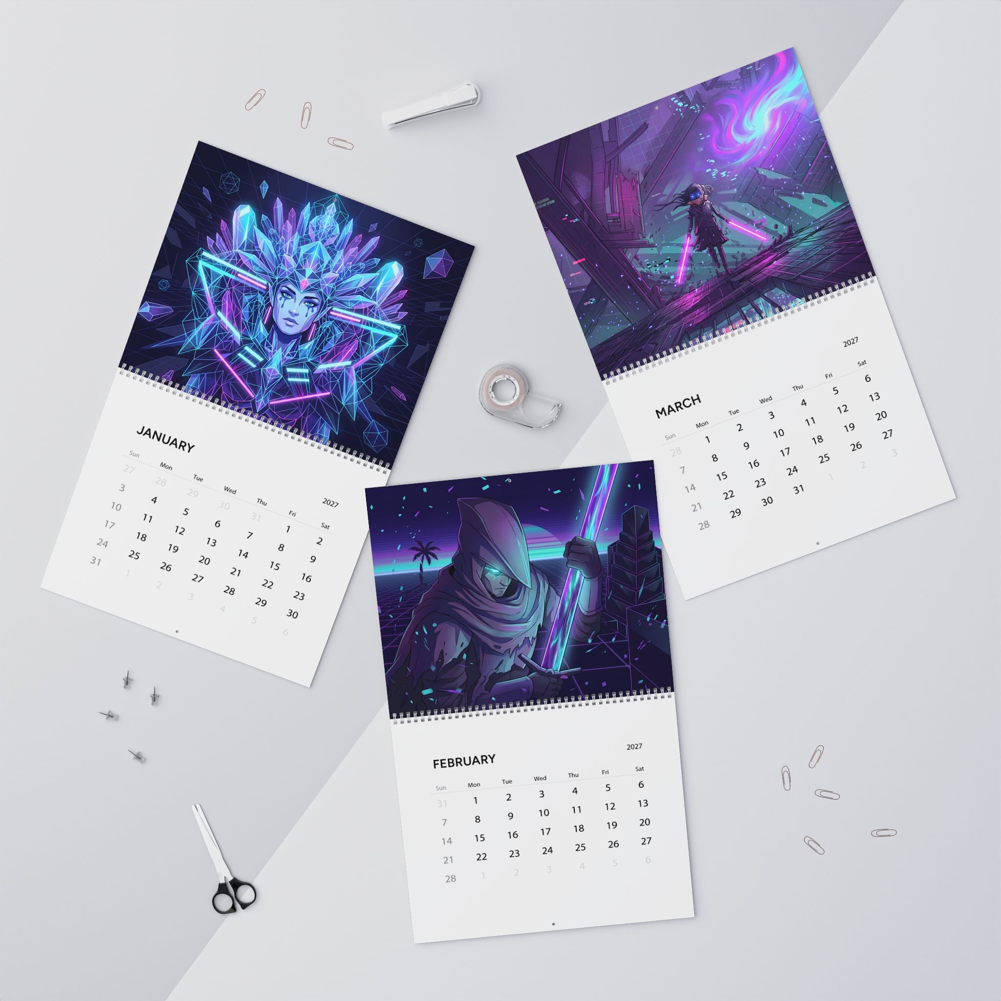 2027 Neon Vaporwave Fantasy Calendar – Colorful Fantasy Artwork Collection