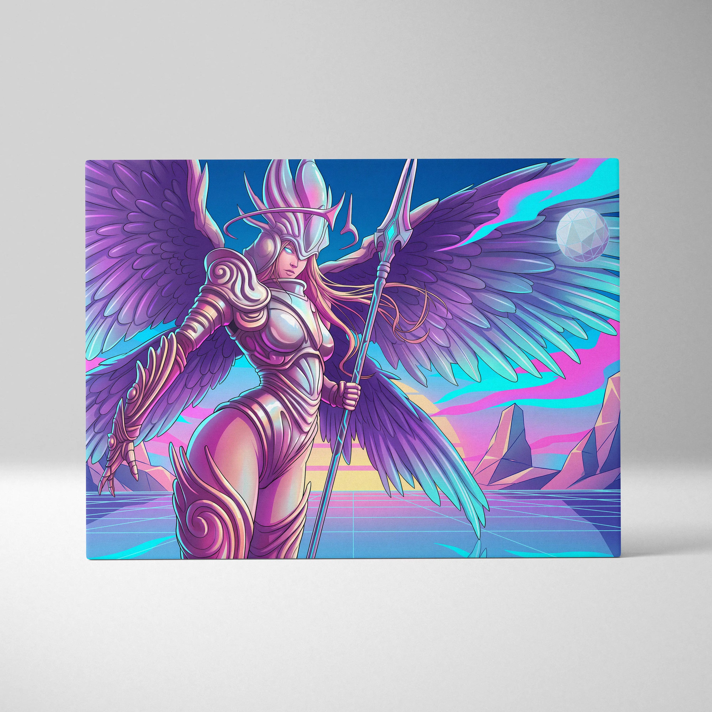 Neon Winged Warrior Canvas - Winged Warrior Neon Purple Pink Blue Living Room Vaporwave Mystical Mood Print Canvas