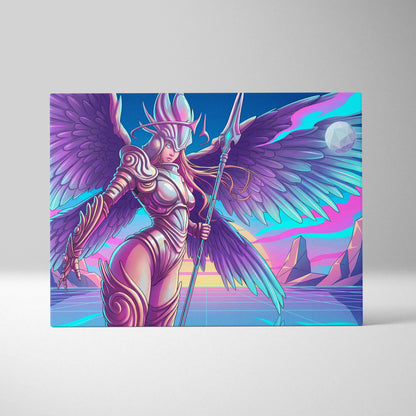 Neon Winged Warrior Canvas - Winged Warrior Neon Purple Pink Blue Living Room Vaporwave Mystical Mood Print Canvas