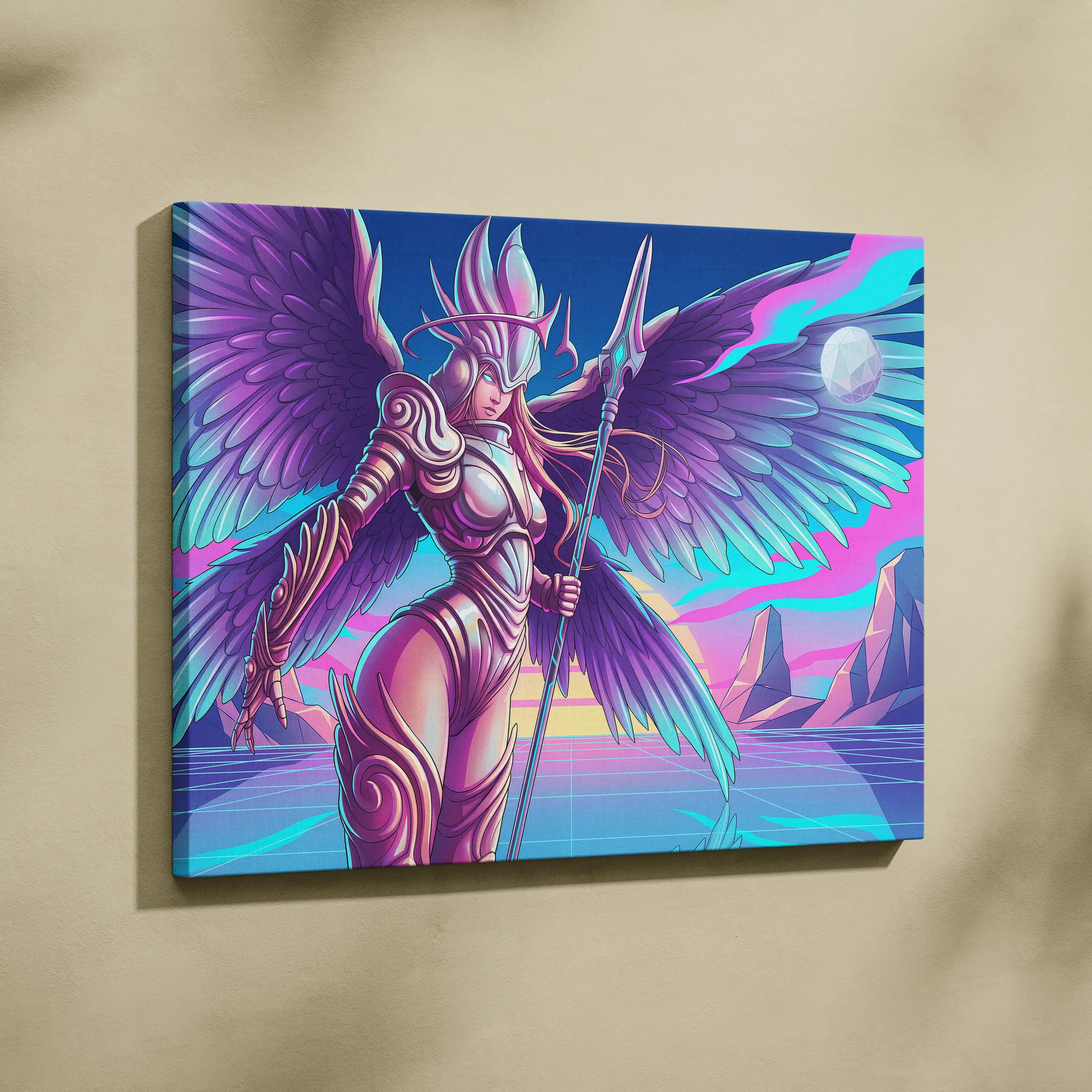 Neon Winged Warrior Canvas - Winged Warrior Neon Purple Pink Blue Living Room Vaporwave Mystical Mood Print Canvas