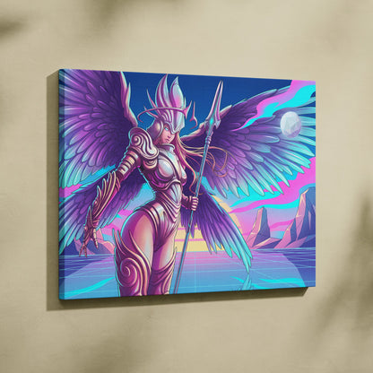 Neon Winged Warrior Canvas - Winged Warrior Neon Purple Pink Blue Living Room Vaporwave Mystical Mood Print Canvas