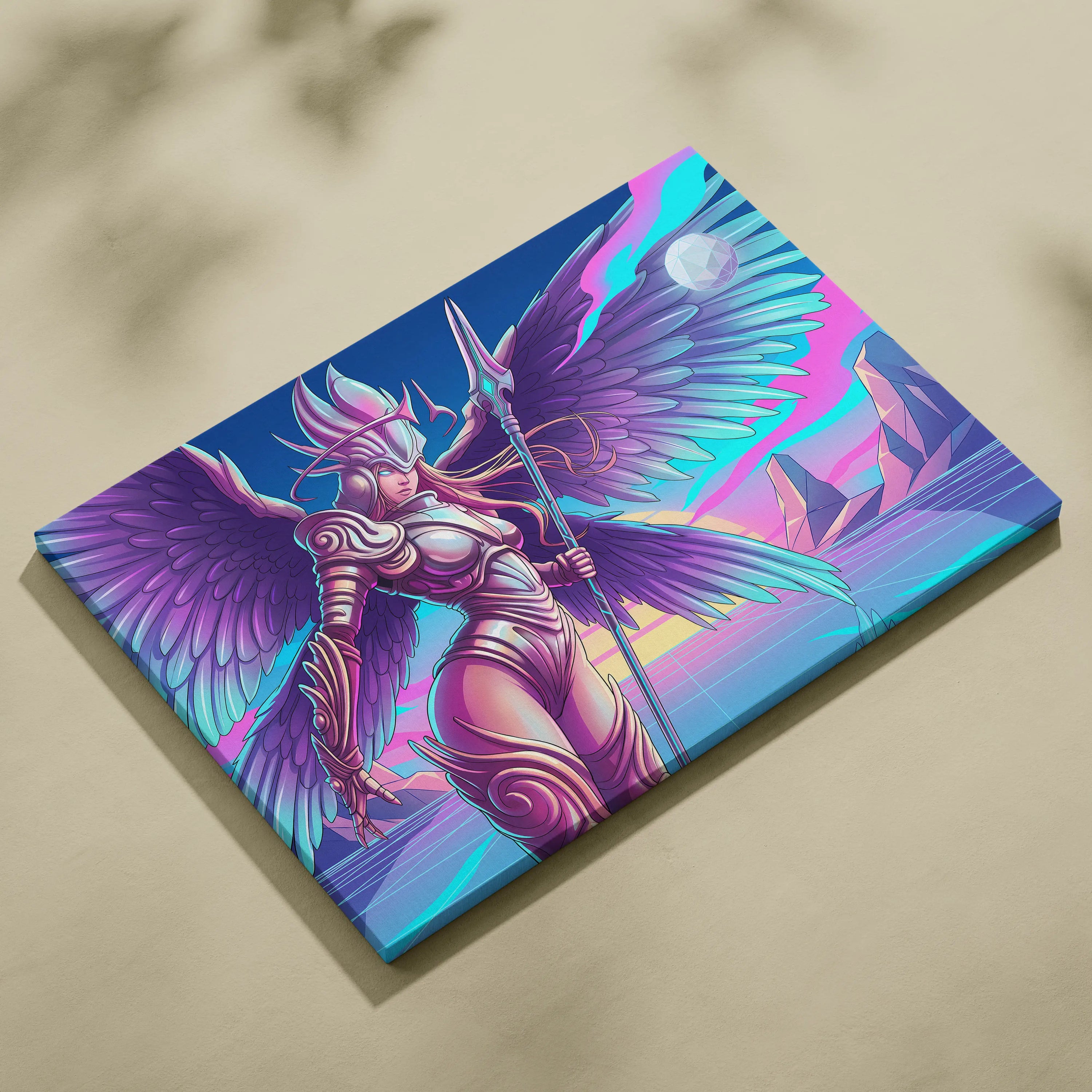 Neon Winged Warrior Canvas - Winged Warrior Neon Purple Pink Blue Living Room Vaporwave Mystical Mood Print Canvas