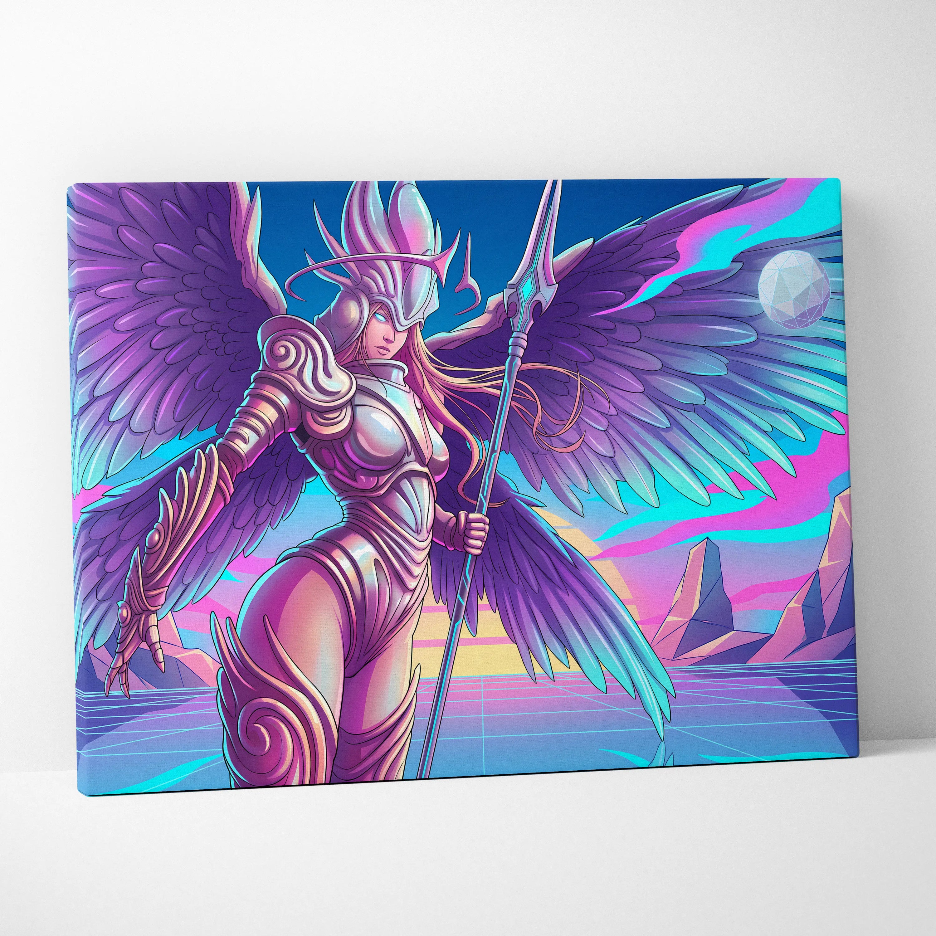Neon Winged Warrior Canvas - Winged Warrior Neon Purple Pink Blue Living Room Vaporwave Mystical Mood Print Canvas