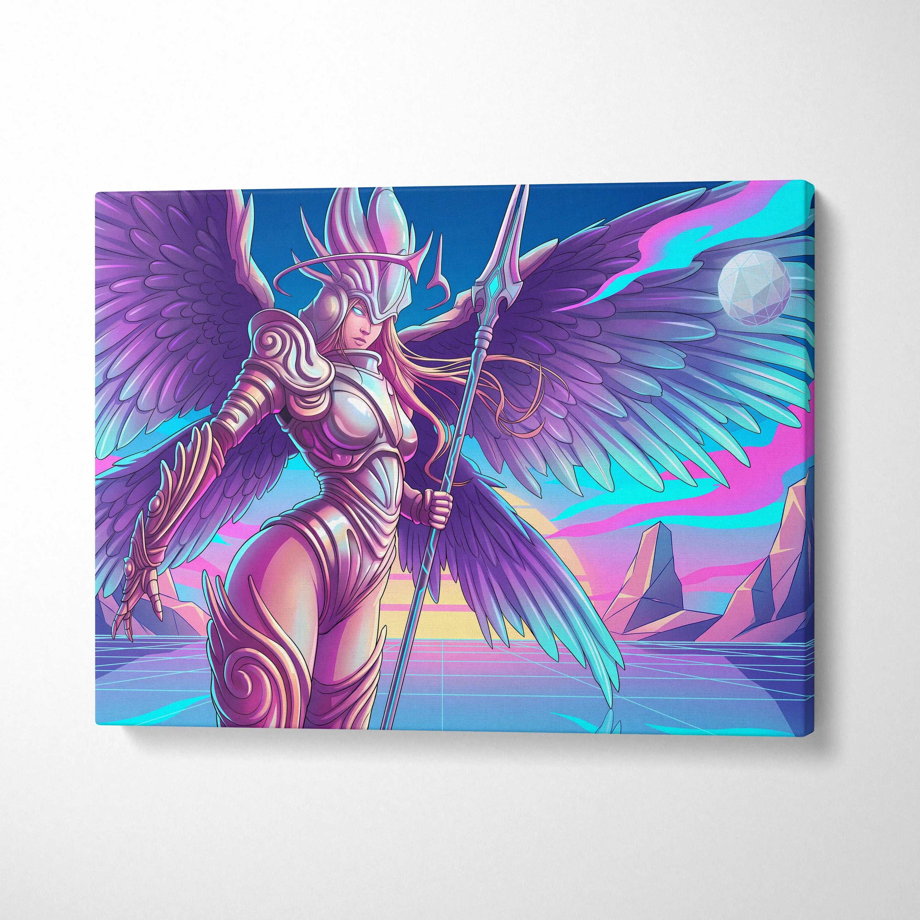 Neon Winged Warrior Canvas - Winged Warrior Neon Purple Pink Blue Living Room Vaporwave Mystical Mood Print Canvas