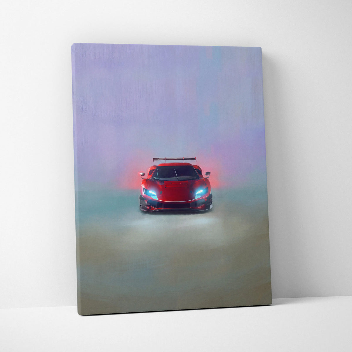 Ferrari 296 gt3 evo inspired red sports car wall art with glowing blue headlights and rear spoiler on canvas print