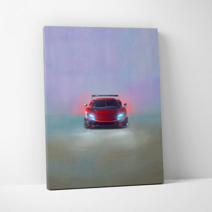 Ferrari 296 gt3 evo inspired red sports car wall art with glowing blue headlights and rear spoiler on canvas print