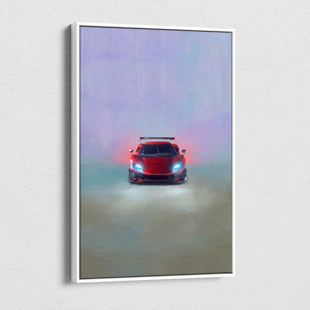 Ferrari 296 gt3 evo inspired car wall art featuring a red sports car with glowing blue headlights in a white frame