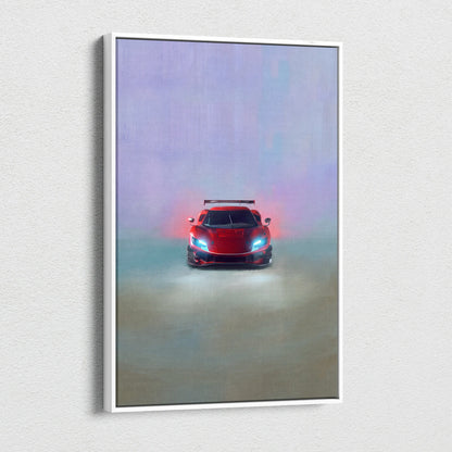 Ferrari 296 gt3 evo inspired car wall art featuring a red sports car with glowing blue headlights in a white frame
