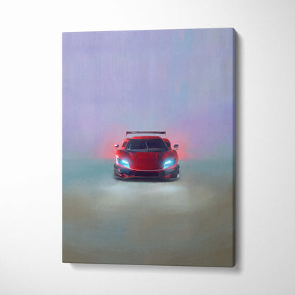 Ferrari 296 gt3 evo inspired red sports car wall art with glowing blue headlights on atmospheric canvas print