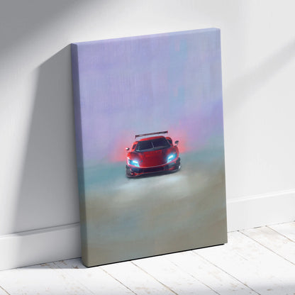 Ferrari 296 gt3 evo inspired red sports car canvas print with glowing blue headlights and rear spoiler on white wall