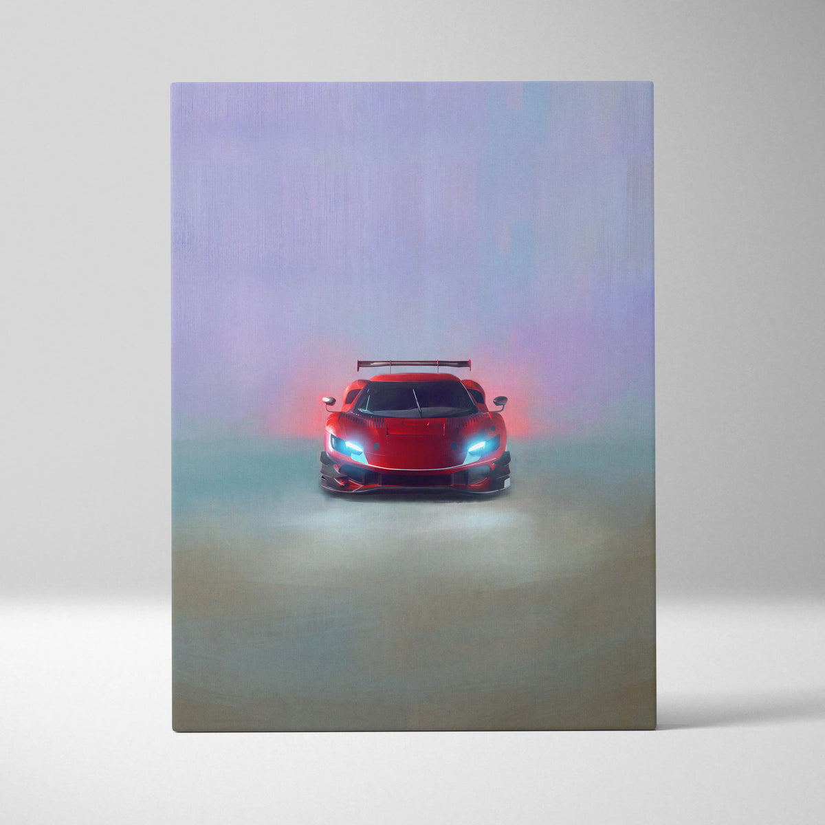 Ferrari 296 gt3 evo inspired car wall art featuring a red sports car with glowing blue headlights on canvas print