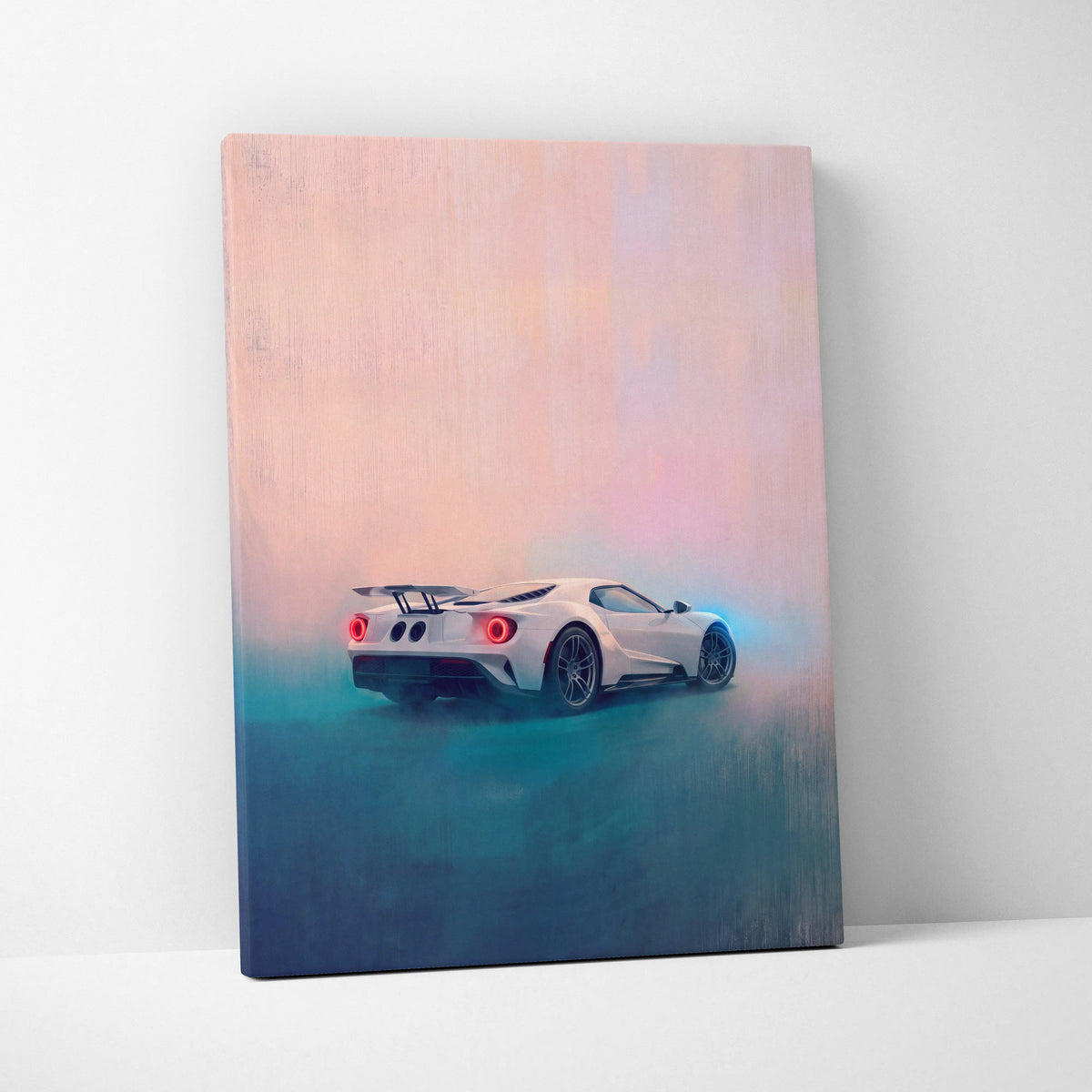 White Ford GT sports car canvas print with glowing red taillights and sleek aerodynamic design for luxury wall art