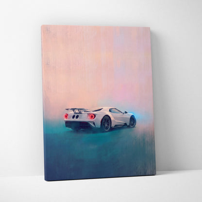 White Ford GT sports car canvas print with glowing red taillights and sleek aerodynamic design for luxury wall art