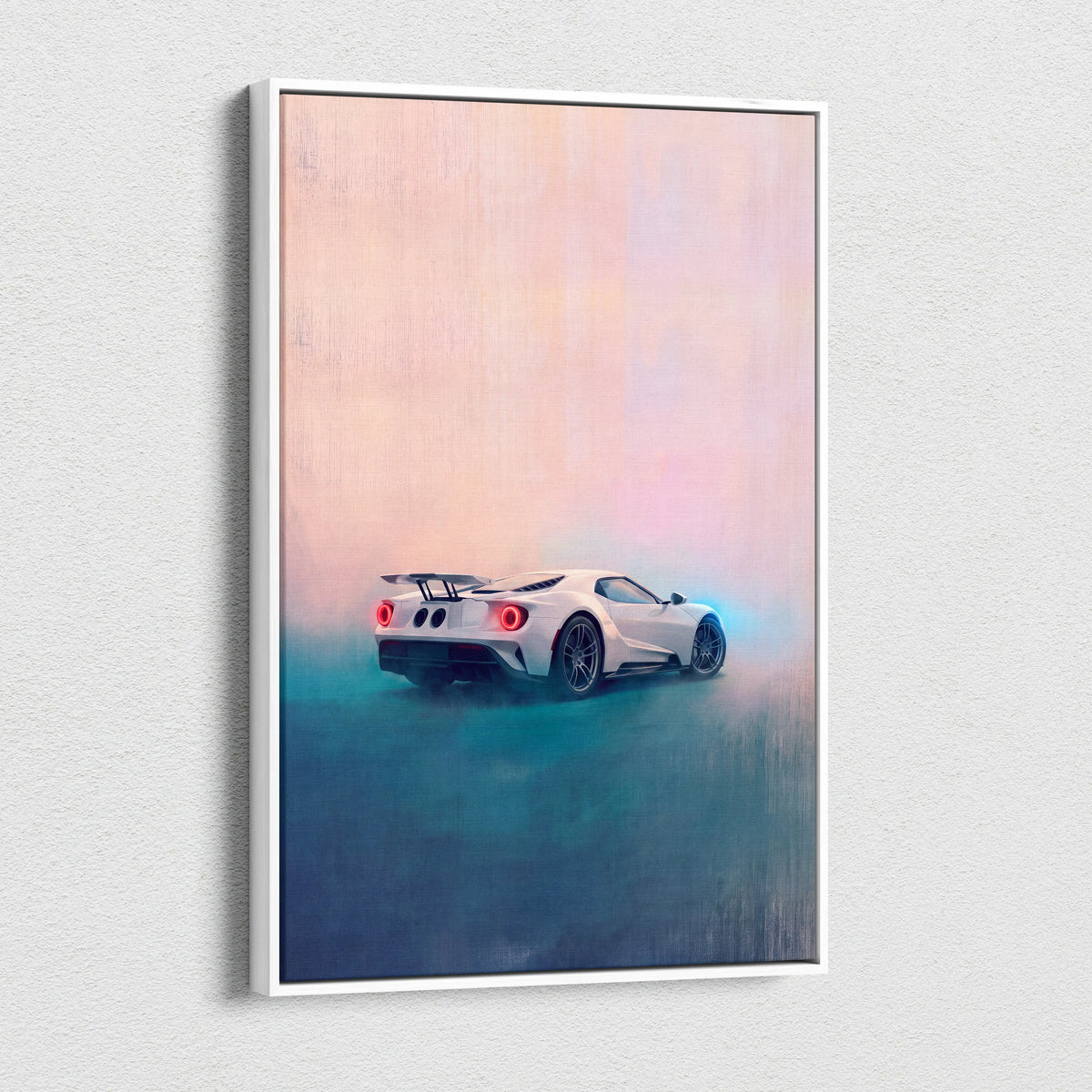 White ford gt inspired luxury supercar canvas print featuring glowing red taillights on a sleek sports car poster